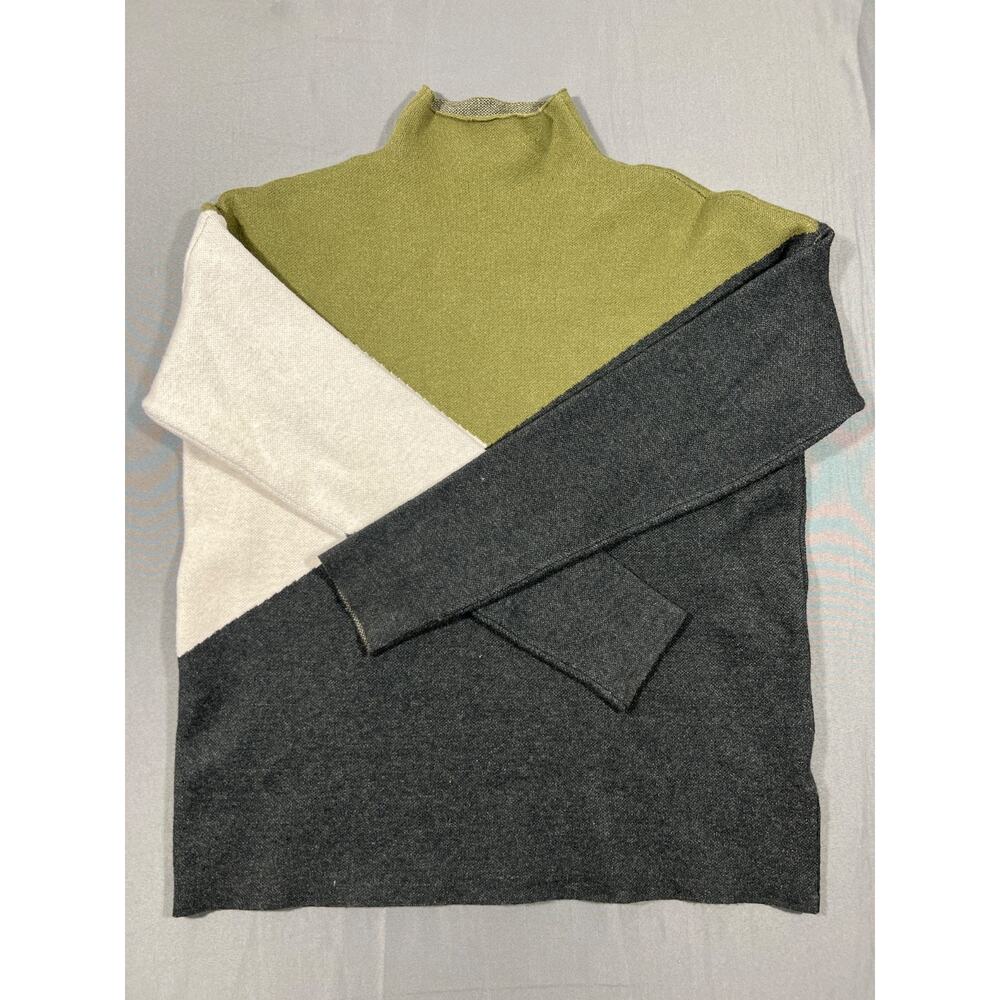 Tahari Sweater Womens Small Colorblock Mock Neck Green Gray Lightweight
